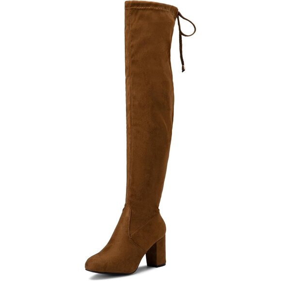Women's Brown Suede Chunky Heels Zipper Over The Knee High Adjustable Boots - Picture 1 of 9